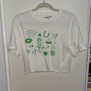Tillys White Luck Charm Collage Tee Cutoff | S
